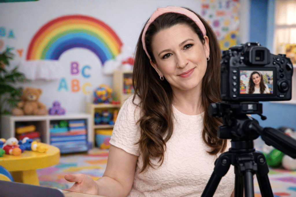 Content creator filming a children’s educational video in a colorful studio with toys and camera equipment, representing children’s media and online influence.