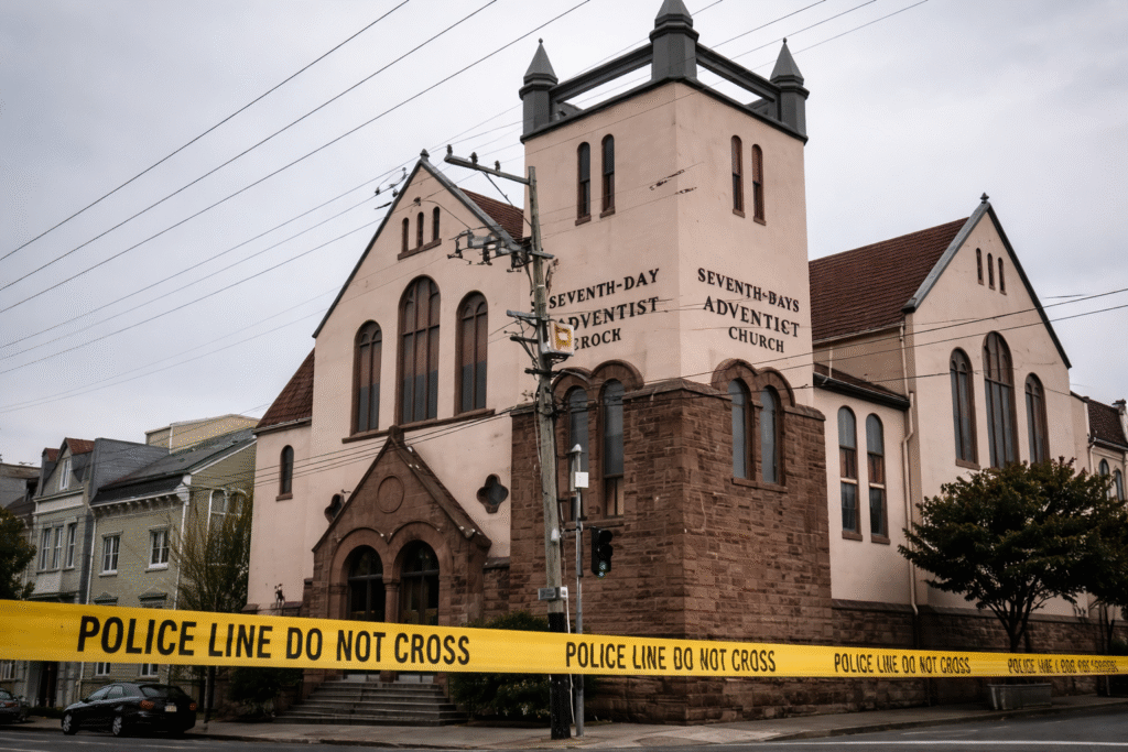 Historic urban church building with arched windows and twin towers, partially cordoned off with yellow police tape in front, under overcast skies.
