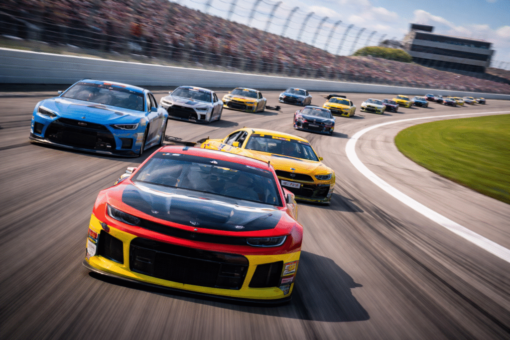 Stock cars racing on a track at high speed during daytime, representing a professional motorsports environment amid controversy.