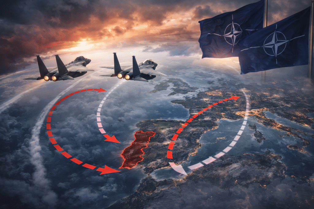 Military fighter jets flying over a map of Europe with flight paths diverting around Spain, symbolizing restricted airspace and NATO tensions.