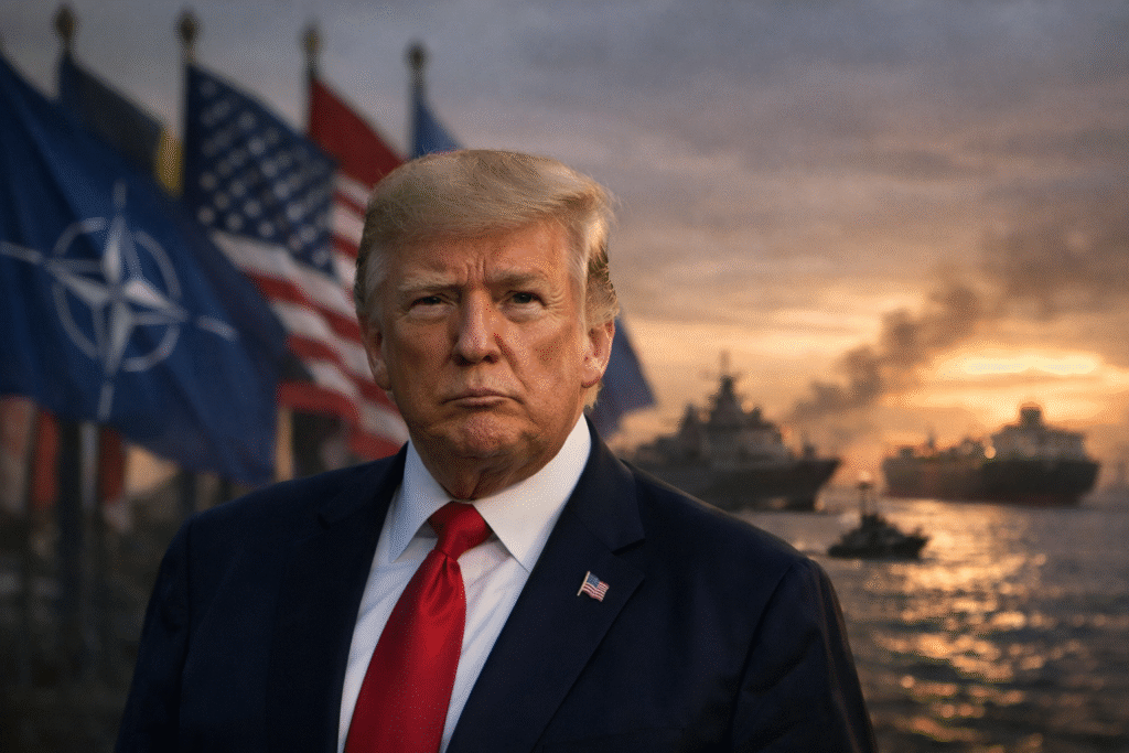 President Donald Trump in a suit and red tie standing before NATO flags, with naval ships and oil tankers in a tense Strait of Hormuz setting at sunset.