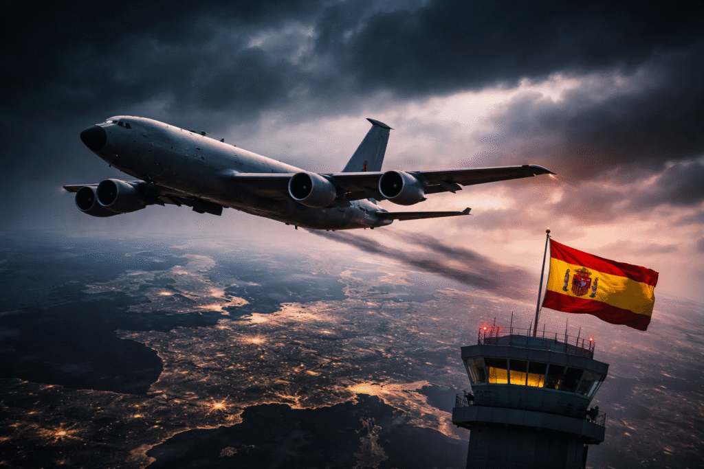 A military aircraft flying through a darkened sky above Europe, symbolizing restricted airspace and rising geopolitical tensions between allied nations.