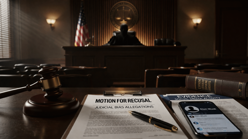 Courtroom scene with judge’s bench and legal documents, symbolizing judicial scrutiny and a high-profile legal dispute involving alleged bias.
