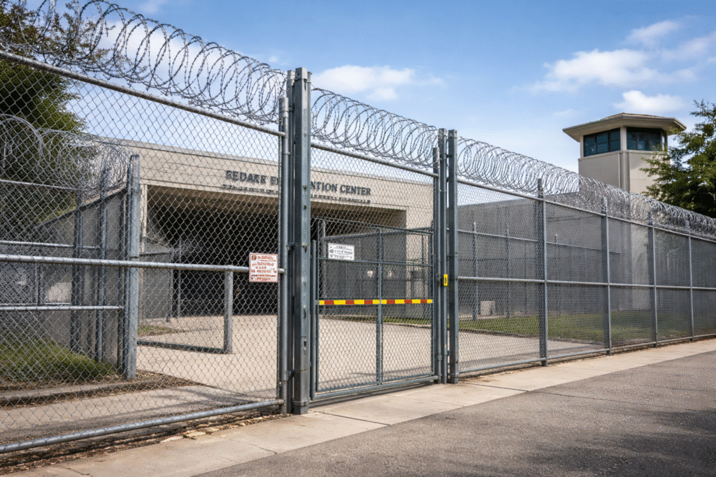 Exterior of an immigration detention facility surrounded by high security fencing and barbed wire.