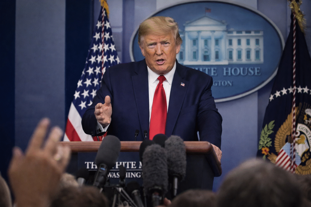 President Donald Trump speaking to reporters about the condition of Iran’s supreme leader during a White House press briefing.