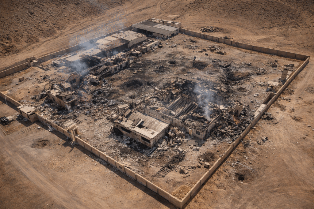 Aerial view of a damaged compound in a desert area representing a destroyed Iranian military or nuclear development facility.