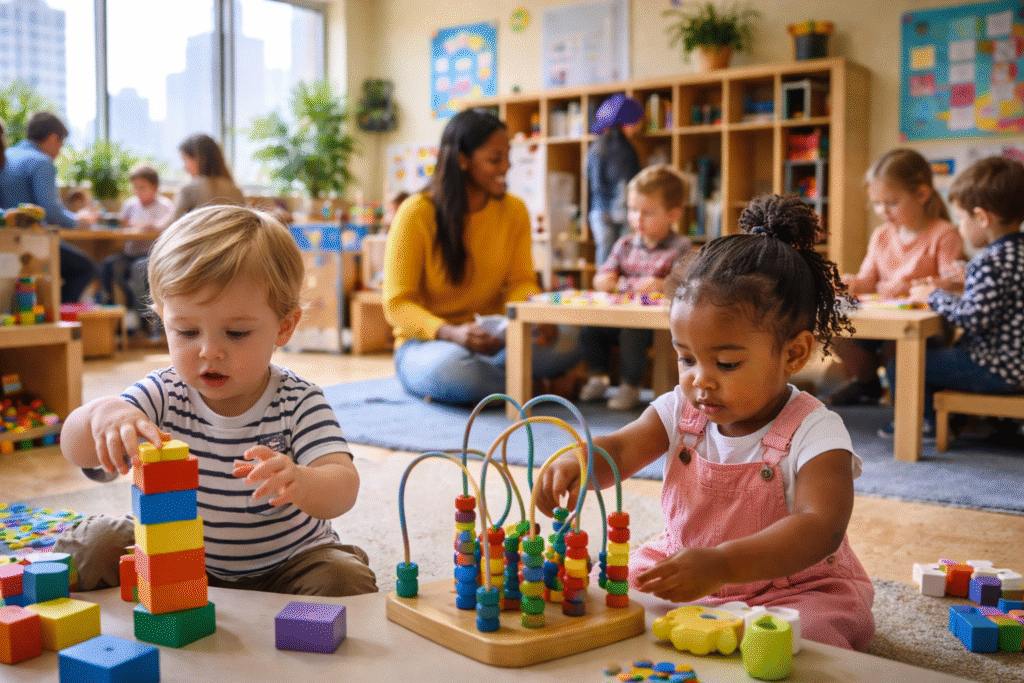 Toddlers playing in a daycare classroom in New York City representing expanded childcare programs.