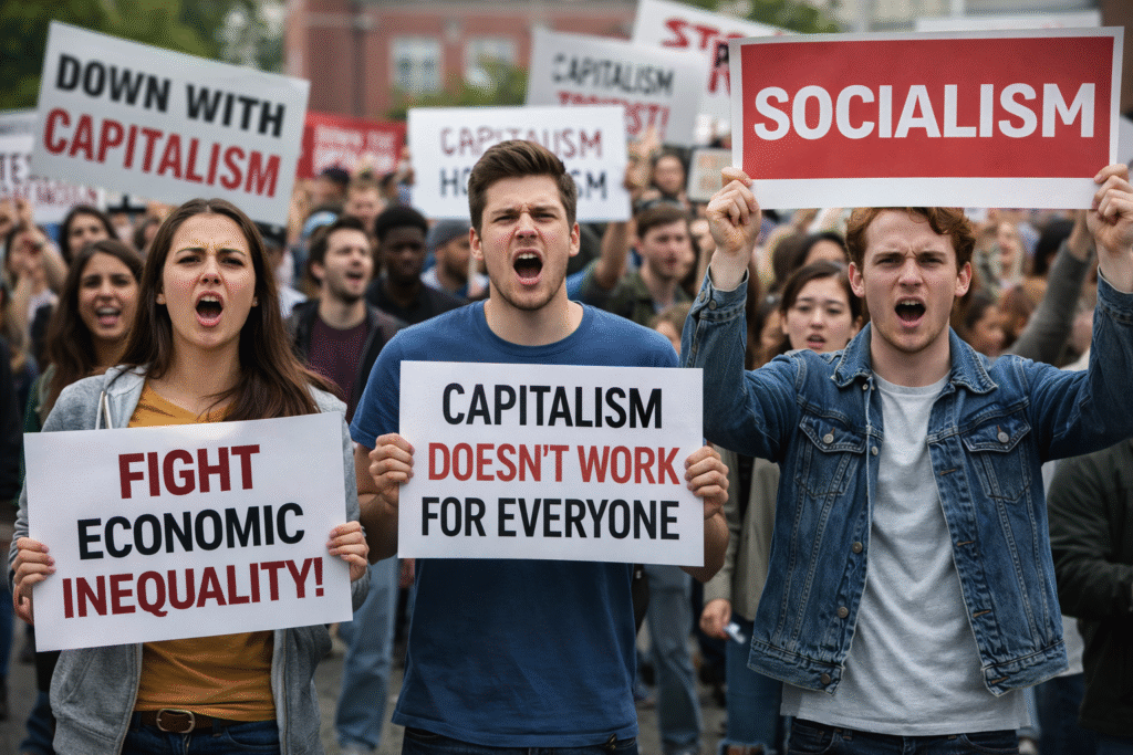 Young political activists holding protest signs during a public rally focused on economic inequality and debates over capitalism and socialism.