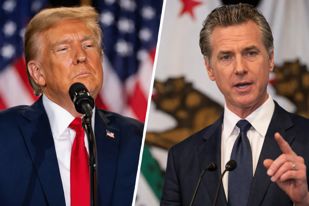Government press podium with United States and California flags set up for a political press conference.