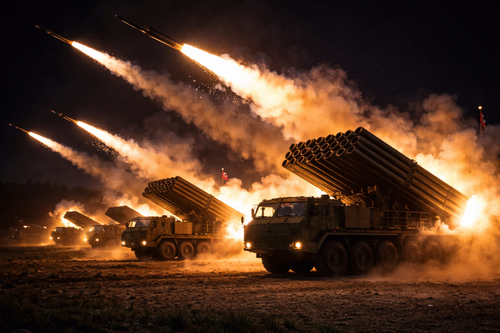 Multiple rockets launching from large mobile artillery launchers during a North Korean military weapons test at night.