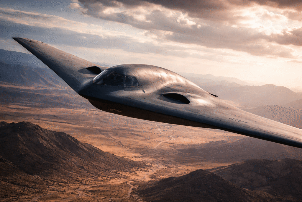 B-21 Raider stealth bomber flying during a test mission, representing the U.S. Air Force’s next-generation long-range strike aircraft.