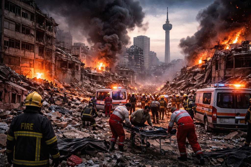 Damaged urban area with emergency response activity and smoke rising after airstrikes in a large city environment.