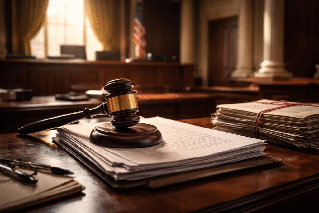 Close view of a wooden judge’s gavel resting on legal documents inside a courtroom, symbolizing debates over the integrity of the justice system.
