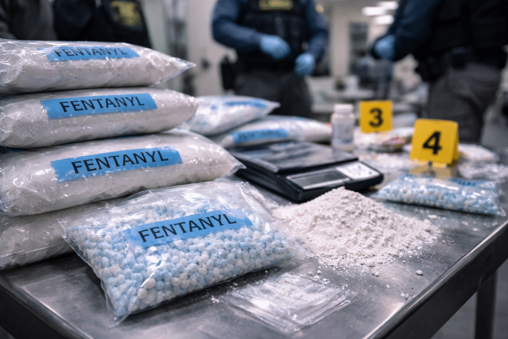 Seized fentanyl evidence displayed on a table inside a law enforcement facility during a drug enforcement operation.