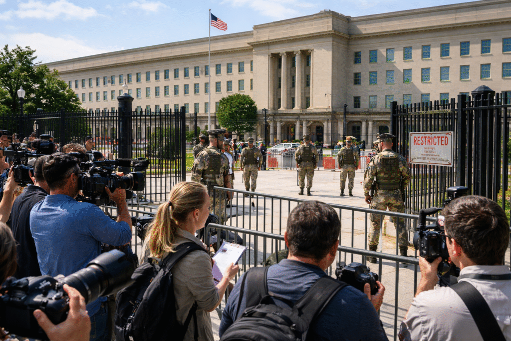 A realistic image showing journalists gathered outside a secured government building resembling the Pentagon, with visible security and restricted access conditions.
