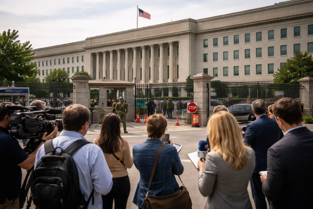 A realistic image showing journalists gathered outside a secured government building resembling the Pentagon, with restricted access and security presence.