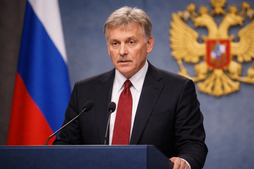 Photograph of Dmitry Peskov speaking at a Kremlin press briefing podium with the Russian flag behind him, symbolizing Russia’s position on remaining stable amid global chaos.
