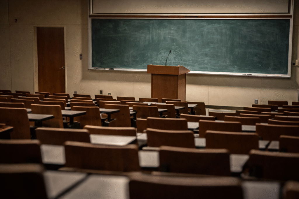 Empty university lecture hall with a podium at the front, symbolizing academic governance disputes and campus policy conflicts.