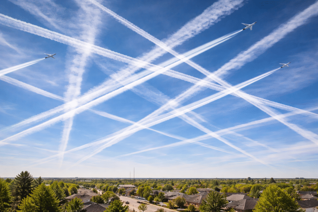 High-altitude aircraft contrails forming crisscross patterns in a blue sky above a suburban area, symbolizing debate over atmospheric activity and geoengineering.