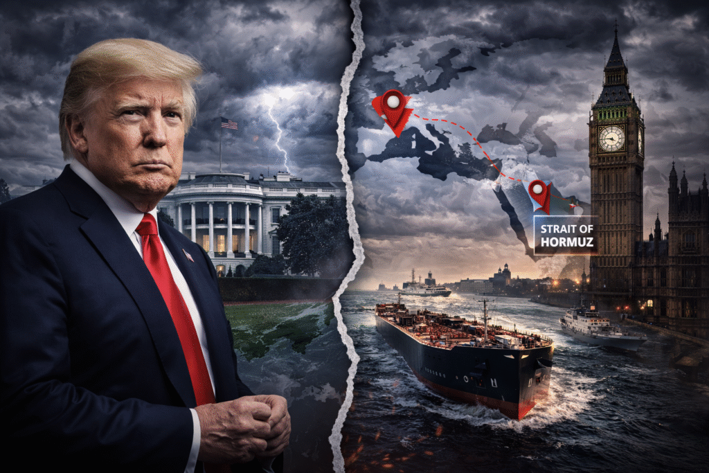 Symbolic geopolitical scene showing London skyline and global shipping routes highlighting tension between the United States and the United Kingdom over Middle East policy.