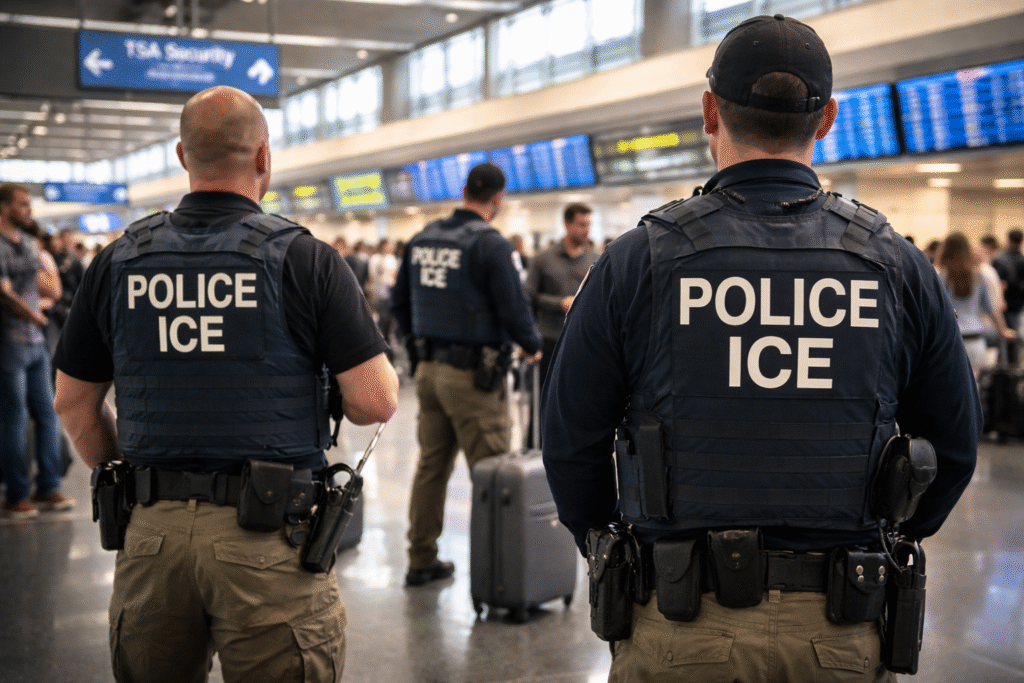 ICE agents in tactical vests patrol a busy airport terminal near TSA security lines, with travelers and flight information screens in the background.