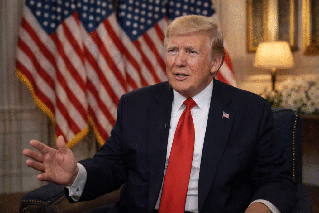 Donald Trump seated indoors wearing a dark suit and red tie, speaking with one hand raised, with American flags in the background.
