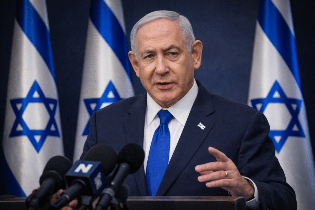 Benjamin Netanyahu speaking at a press conference with Israeli flags behind him, representing political developments surrounding calls for a presidential pardon.