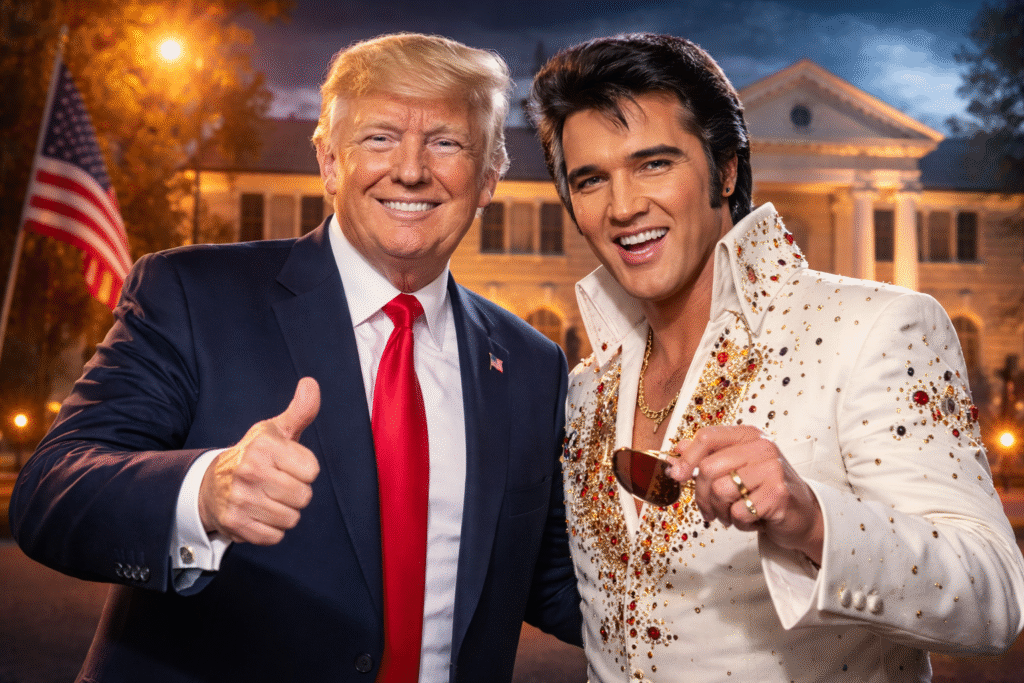 Donald Trump standing beside an Elvis Presley performer in a white rhinestone jumpsuit in front of a mansion resembling Graceland at dusk.