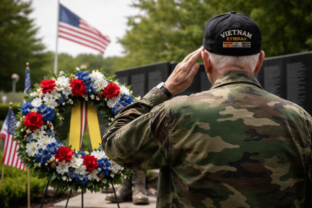 Vietnam War veteran saluting during a memorial ceremony with American flag and commemorative setting.