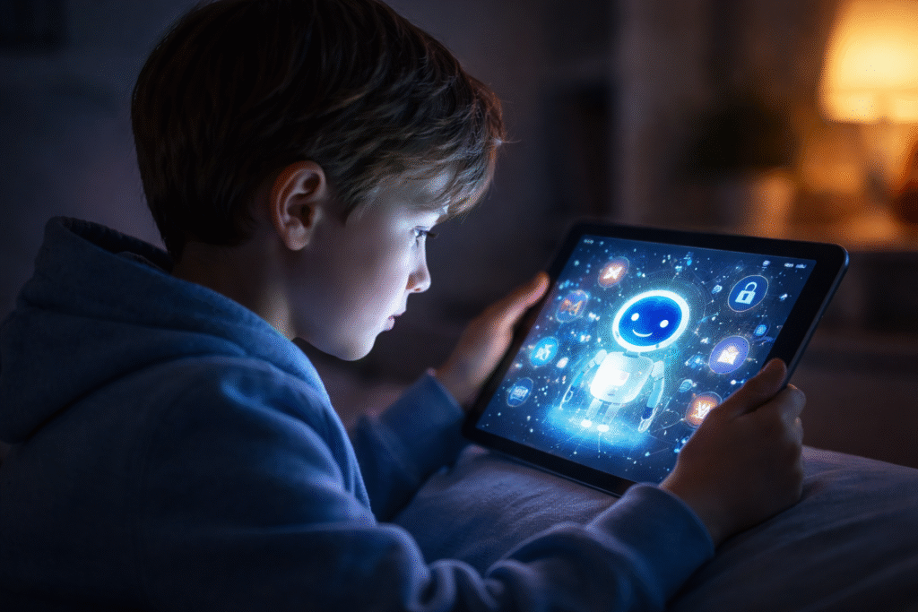 A child looking at a glowing tablet screen in a dim room, symbolizing concerns about artificial intelligence and online safety risks for young users.