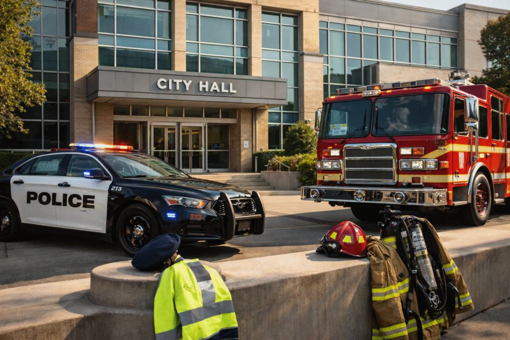 City government building with police car and fire truck parked outside symbolizing debate over public-sector hiring policies.