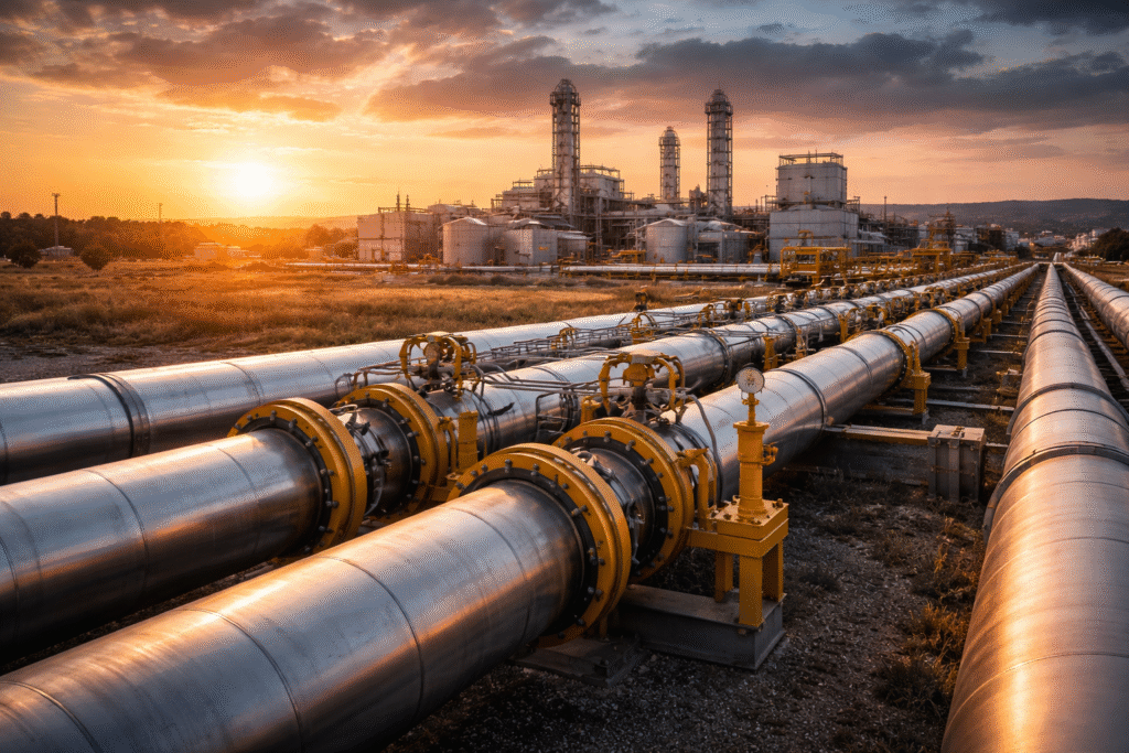 A large natural gas pipeline and industrial energy facility at sunset, symbolizing international energy cooperation and supply agreements between countries.