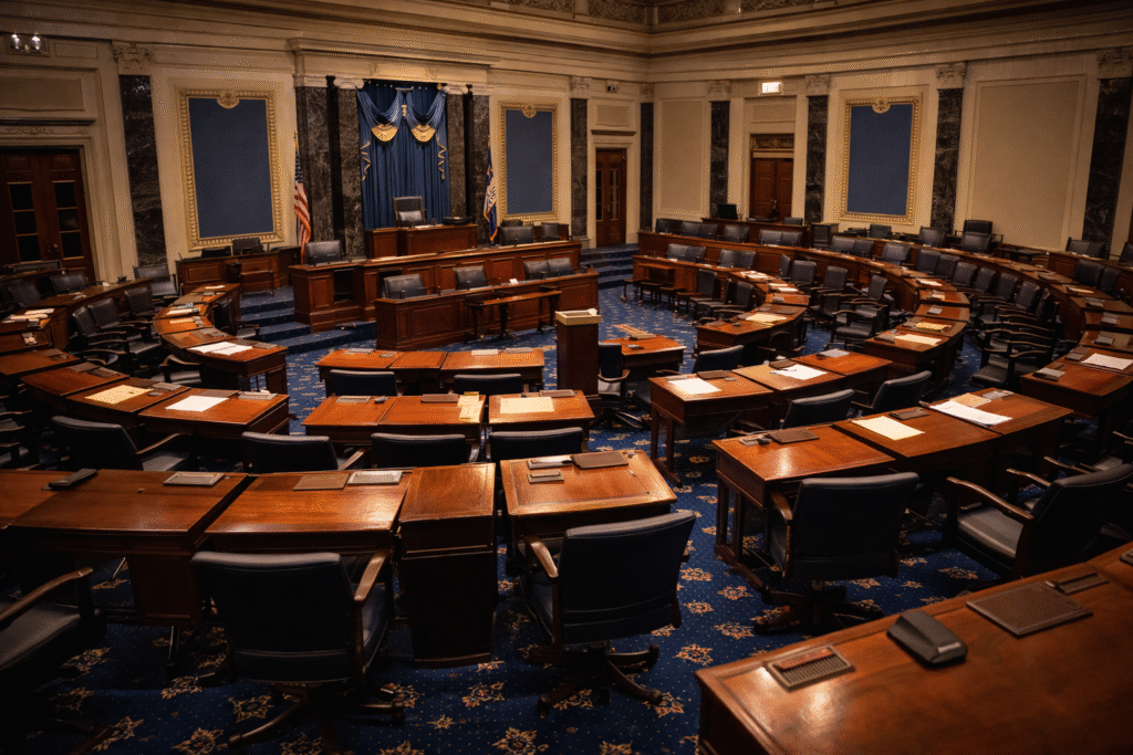 Interior of the U.S. Senate chamber with desks and podium, symbolizing legislative debate over election laws.