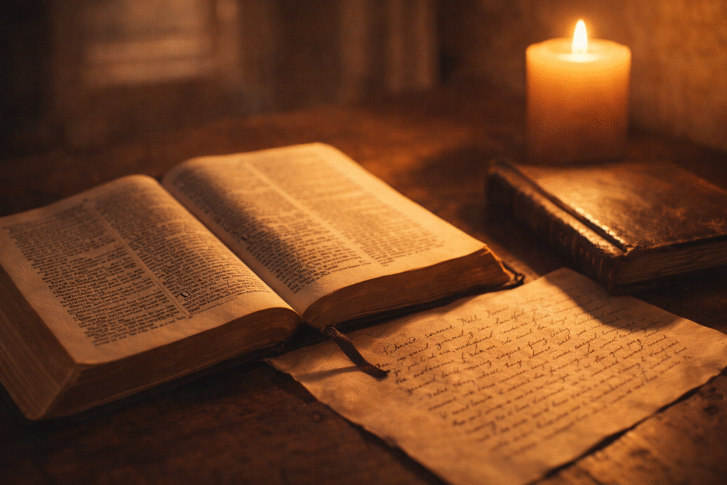 Open Bible and handwritten notes illuminated by warm light, symbolizing religious prophecy and spiritual reflection.