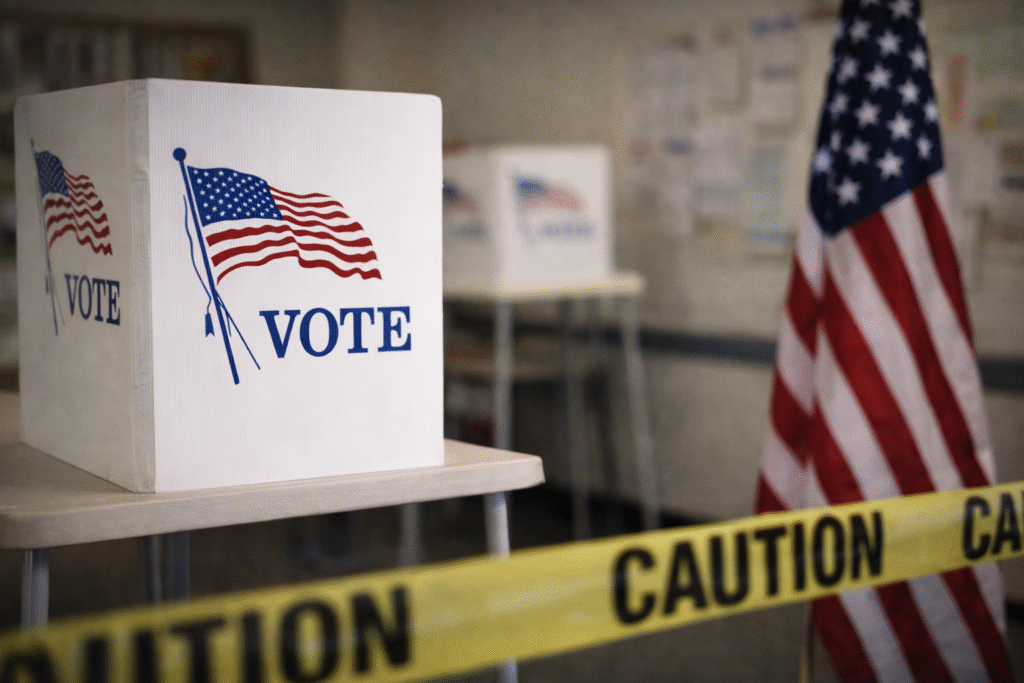 Interior of a polling place showing a voting booth and American flag with caution tape in the foreground, symbolizing controversy surrounding a political candidate and election concerns.