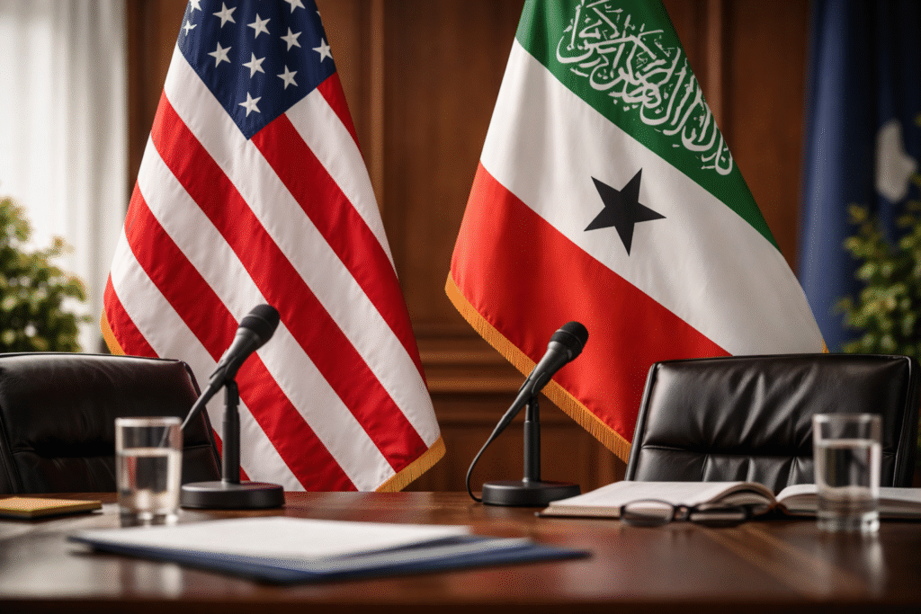 Symbolic image of a government setting with US and African flags, representing political tension and international extradition discussions.