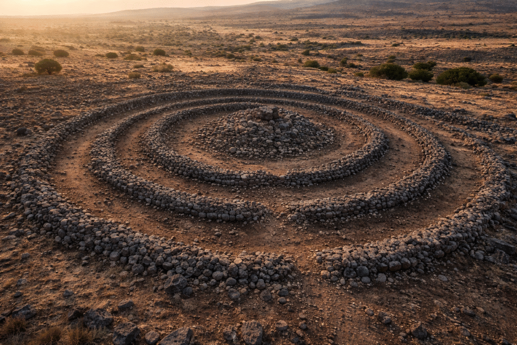 An aerial view of an ancient circular stone structure in a barren landscape, showing concentric rings of stones typical of early megalithic architecture.