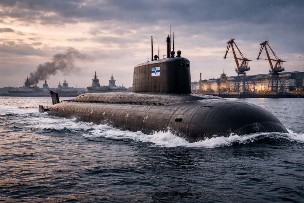 Photograph of a large gray military submarine at sea near a naval dock, symbolizing Russia’s launch of the Khabarovsk-class nuclear submarine designed to carry advanced underwater weapons.