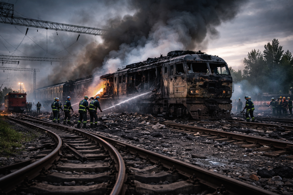 Damaged railway yard in Ukraine with twisted tracks and a burned locomotive under smoky, overcast skies, as emergency workers assess the destruction after a military drone strike.