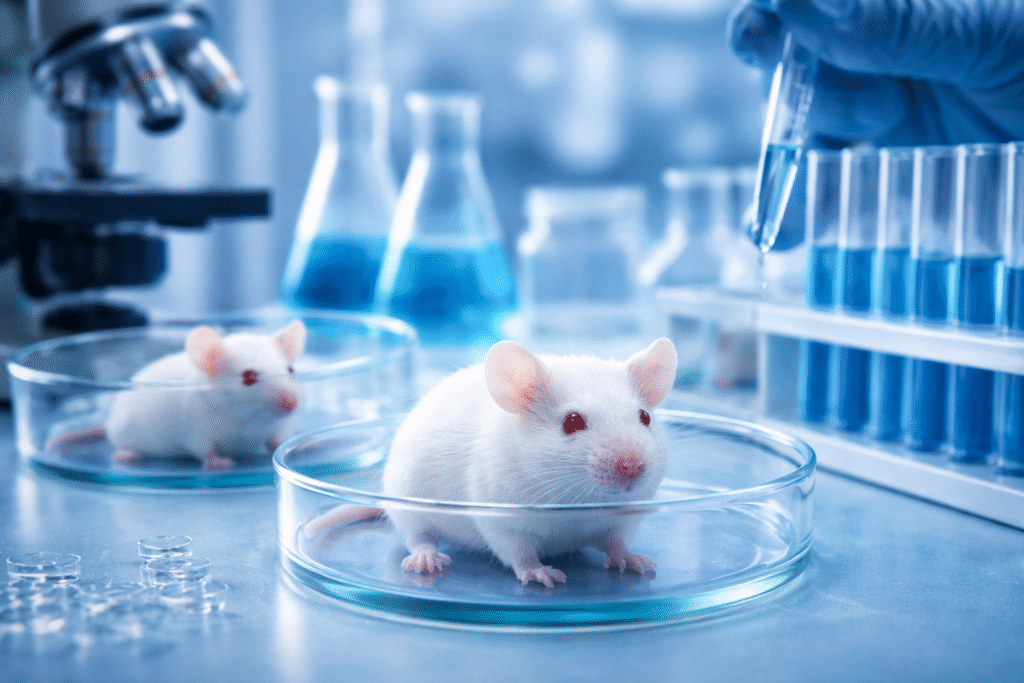 White laboratory mice in petri dishes with scientific equipment, representing cloning and genetic research in a controlled lab environment.