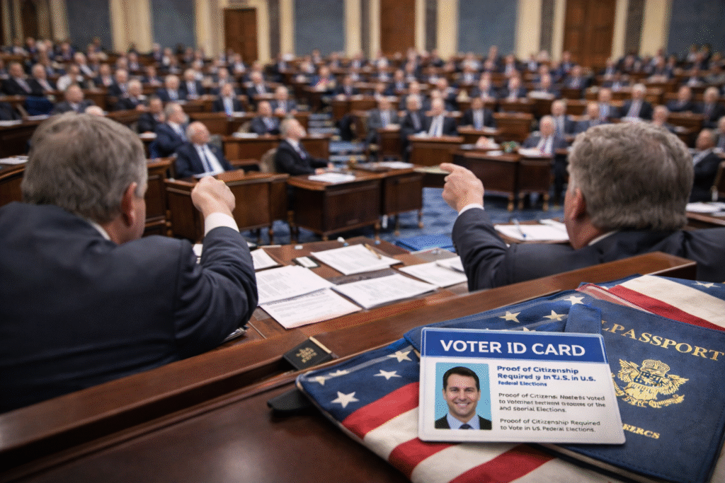 View from behind lawmakers in the U.S. Senate chamber during a debate, with a voter ID card and U.S. passport placed on an American flag in the foreground.