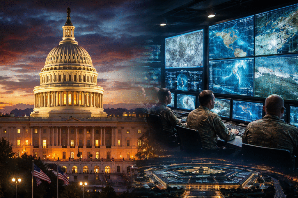 U.S. Capitol and military command imagery symbolizing Senate vote leaving presidential control over Operation Epic Fury military operations.