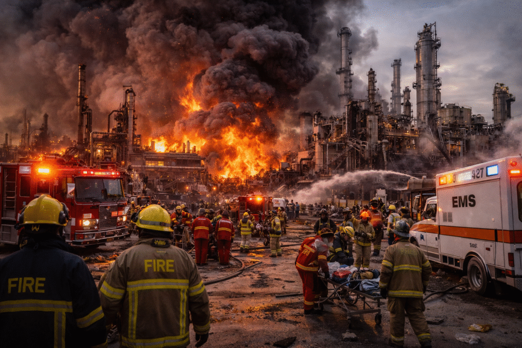 Emergency responders and fire crews working near a damaged industrial site with smoke and flames following a refinery explosion.