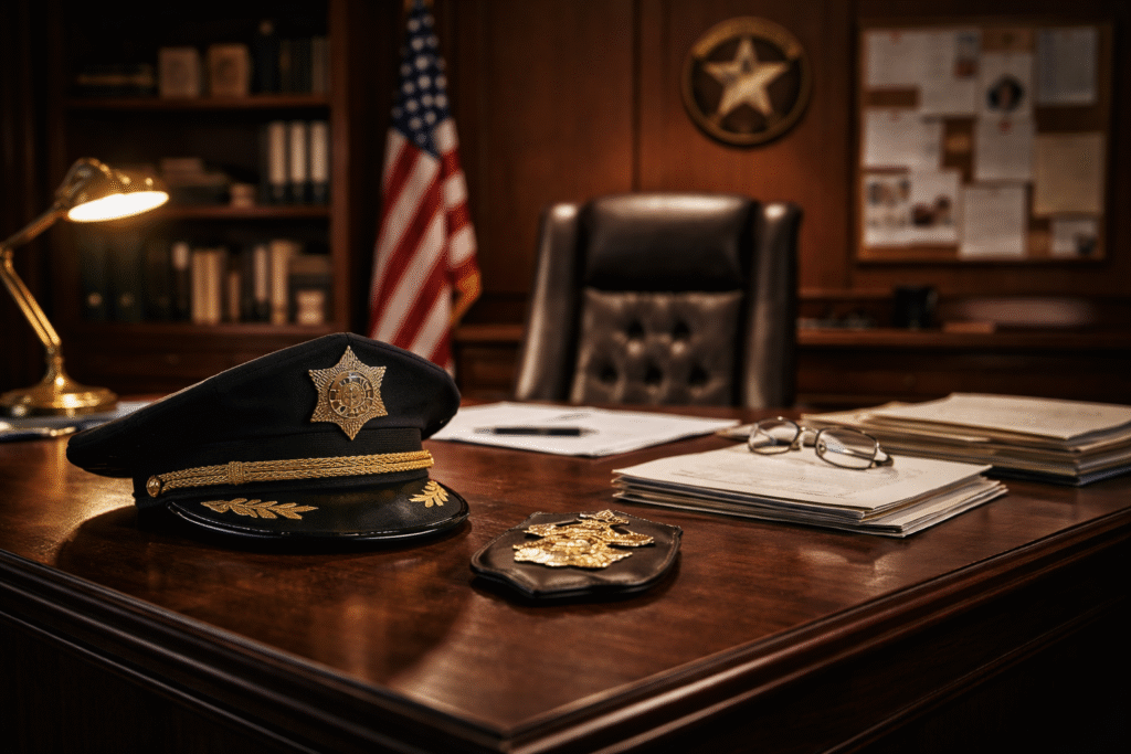 An empty sheriff’s office desk with a badge and hat resting on the surface, symbolizing a sudden resignation amid an ongoing investigation.