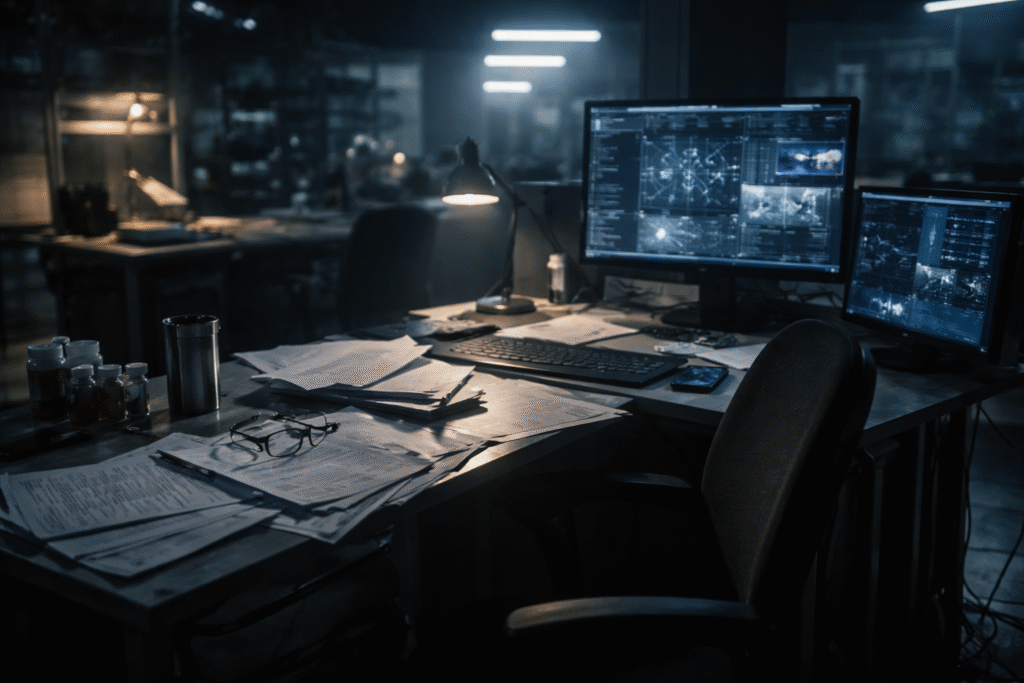Dimly lit laboratory workspace with research documents and computer screens, symbolizing unexplained deaths among defence researchers.