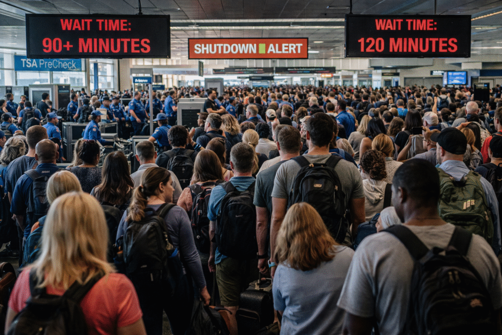 Crowded airport security checkpoint with long lines of travelers waiting, symbolizing record TSA delays and travel disruption.