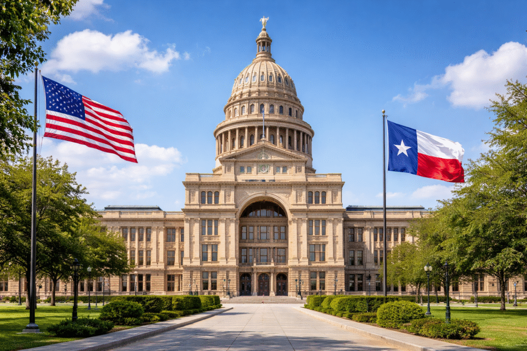 Exterior of the Texas State Capitol building in Austin with the Texas and American flags visible, representing the political debate over a proposed ban on Sharia law in the state.