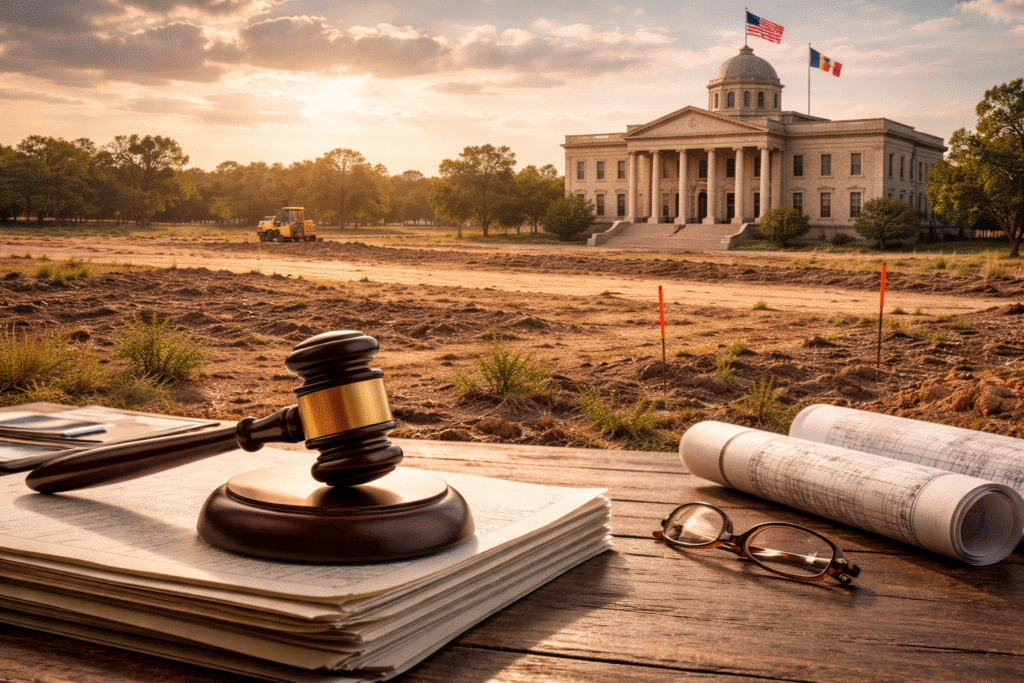 Empty residential development land in Texas with survey markers and a courthouse symbolizing an ongoing legal dispute over the project.