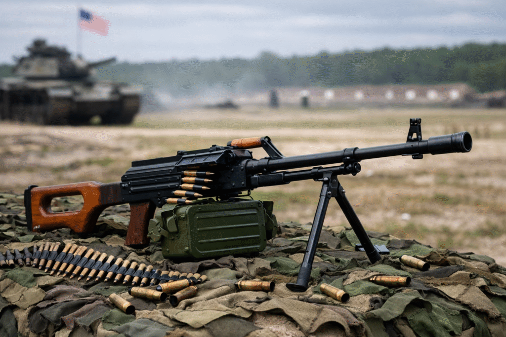 Soviet PKM machine gun displayed on a military range with ammunition belt and equipment, symbolizing Cold War weapons testing.