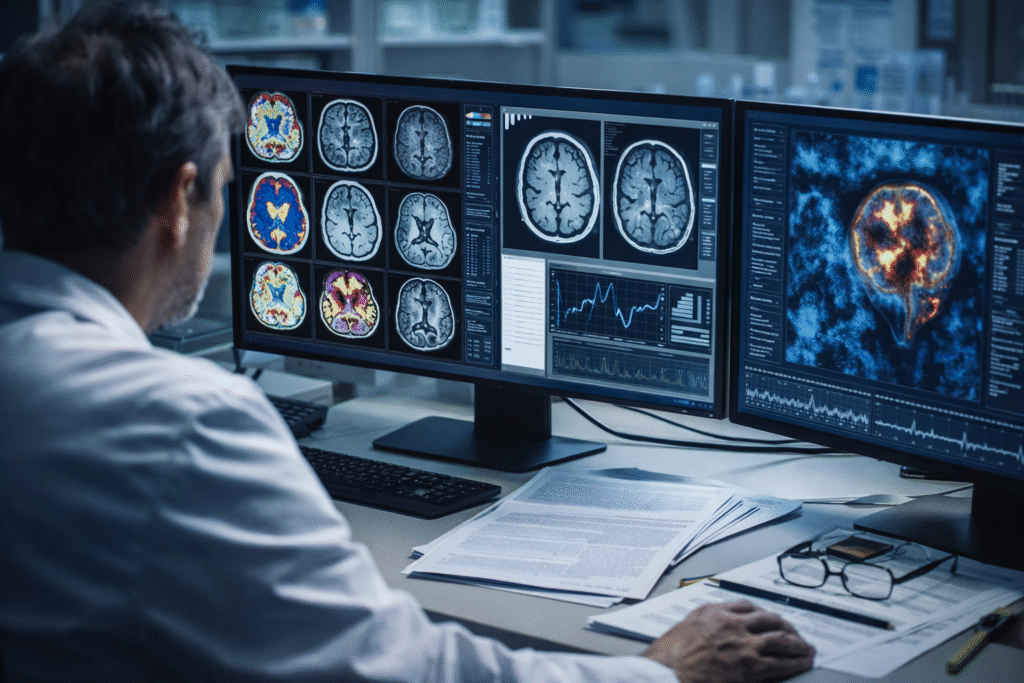 Medical researcher reviewing brain scan images and neurological data on computer monitors in a laboratory setting.